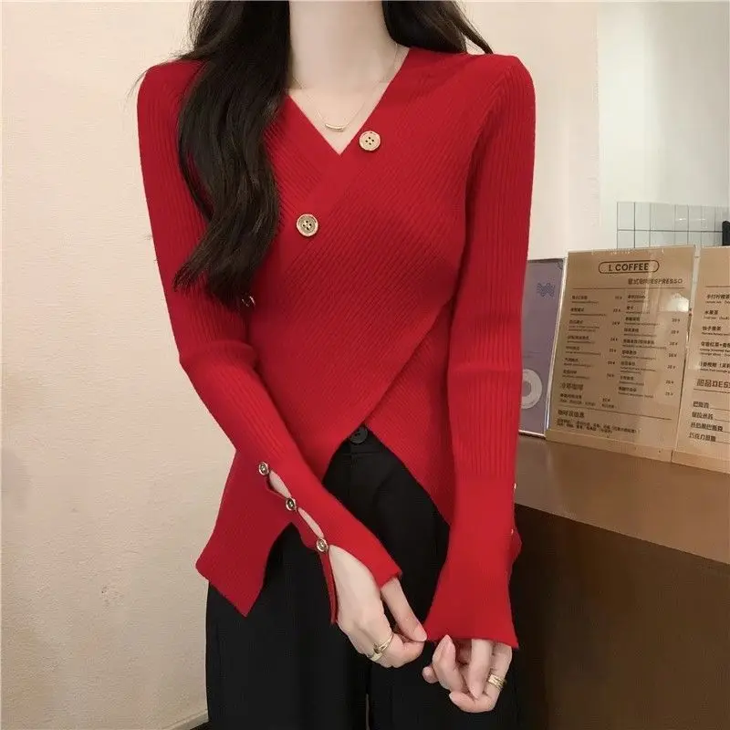 

V-neck Irregular Slit Knitted Base Sweater for Women Autumn and Winter Long Sleeved Inner Sweater Slim Fit Short Top