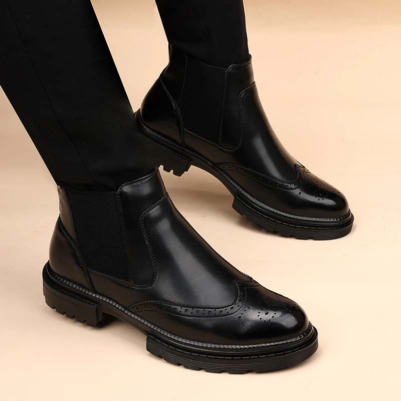 

men casual business wedding chelsea boots slip-on carved brogue shoes cowboy natural leather boot black stylish ankle botas male