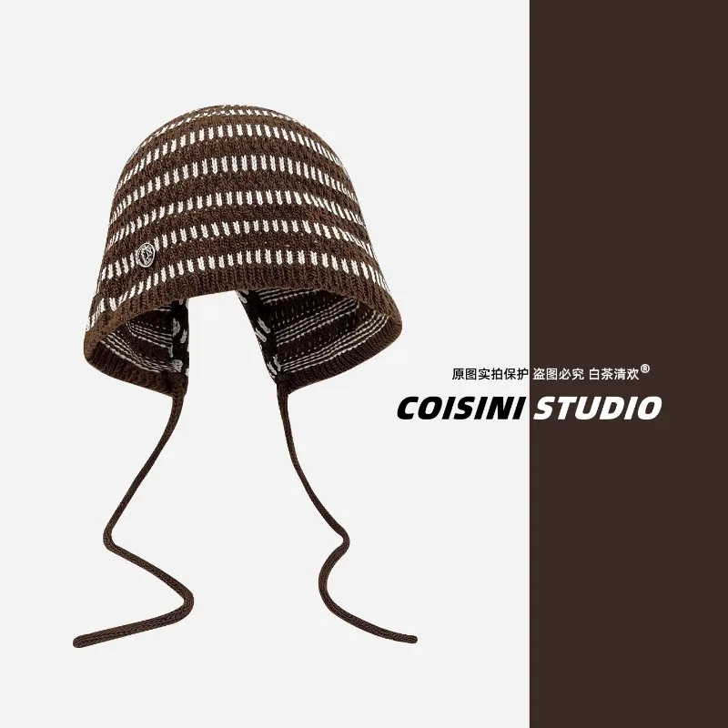 

Japanese Retro Striped Strap Bucket Hat Spring and Autumn Hand-crocheted Hollow Versatile Sunshade Bomber Hats for Women's