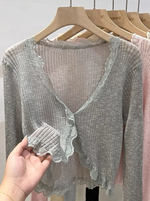 Lace Trim V-Neck Ice Silk Knitted Open Cardigan Thin Summer Shawl Women's Outerwear Air Conditioning Shirt with Strap Top