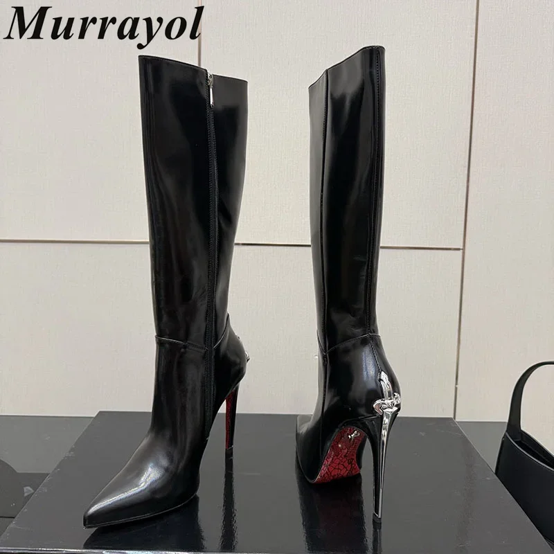Knee-High Boots Women Genuine Leather Metal Decor Pointed Toe Thin High Heels Shoes Long Booties Autumn Party Banquet Shoes