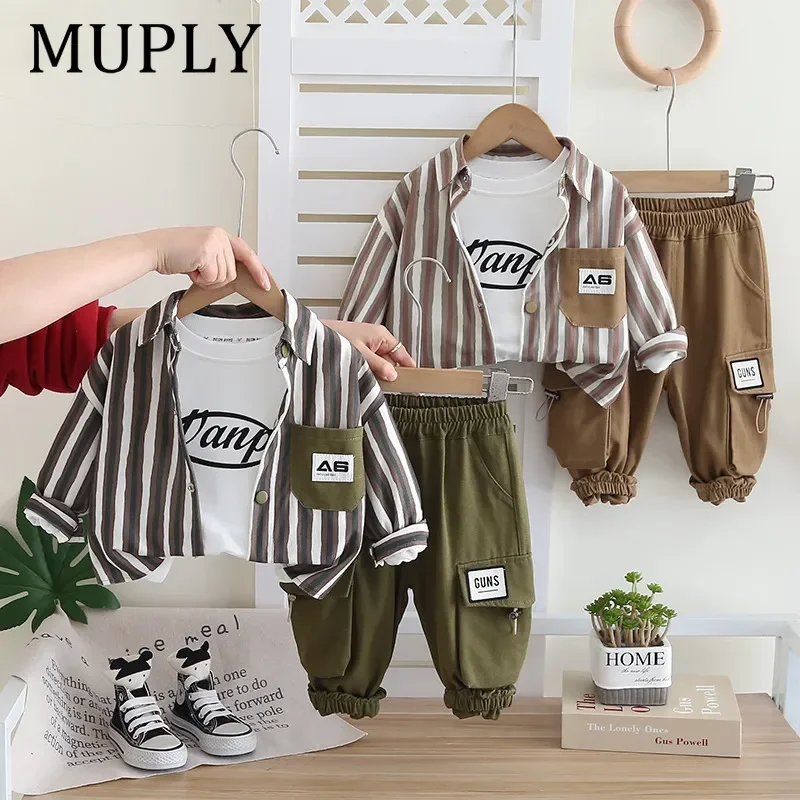 

Spring Autumn New Men's Long Sleeve Collared Shirt Workwear Patchwork Pants Vertical Stripe Pocket Three Piece Children's Outfit