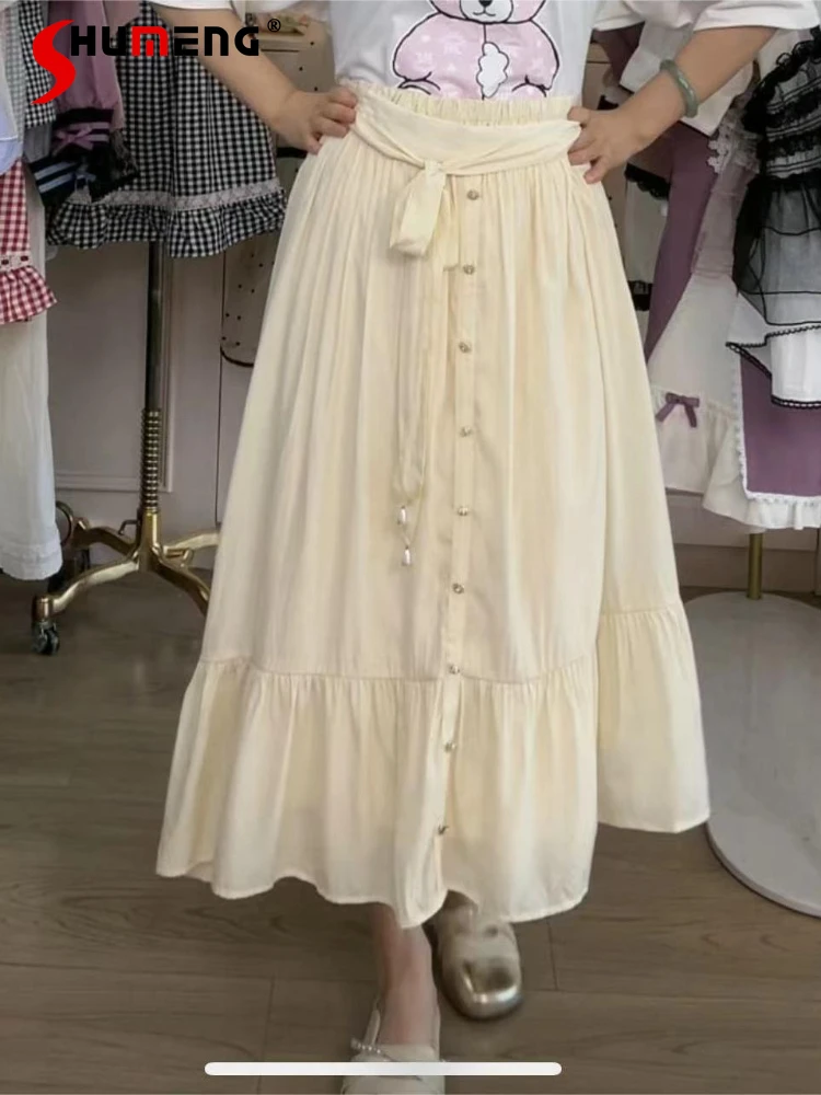 

Japanese Gentle Fairy Style Pure Color Soft Ruffled High Waist Lace-up Bow A-Line Slim Fit Elegant Long Skirt for Women Summer