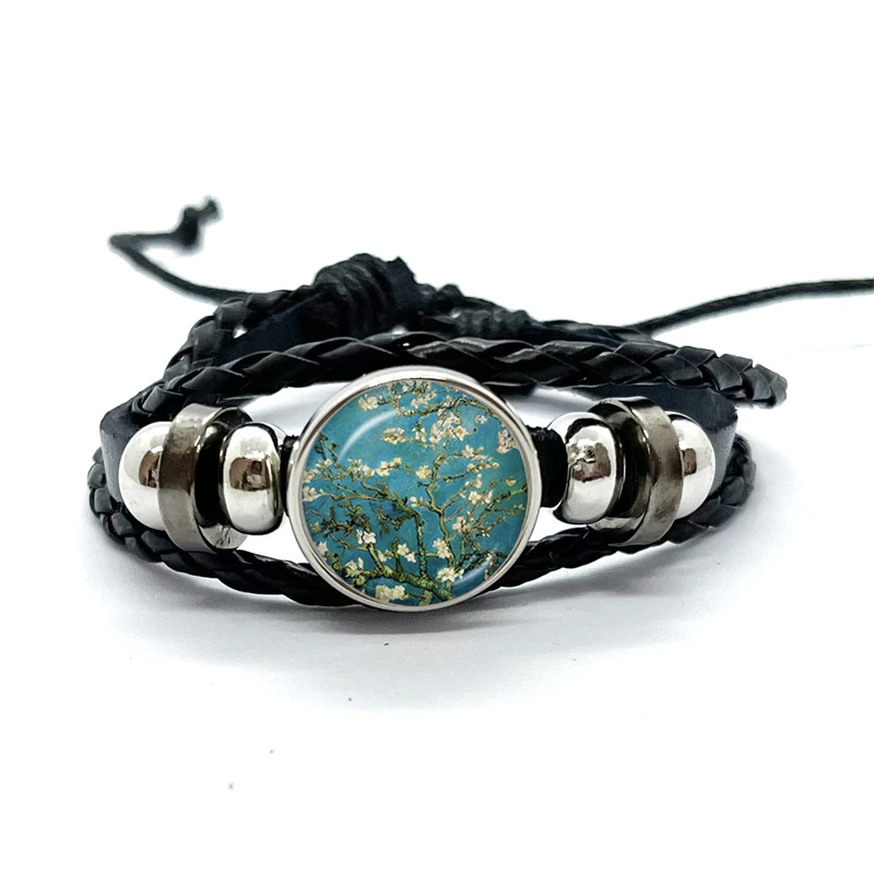 Classic Van Gogh Art Painting Series Bracelet Starry Night Sunflower Handmade Glass Leather Bracelets Men Women Gift