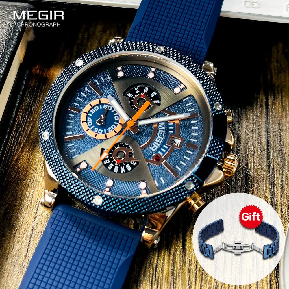 

MEGIR Sport Quartz Watch Men Fashion Chronograph Luminous Wristwatch with Stainless Steel Strap Spare Silicone Band Date 2216