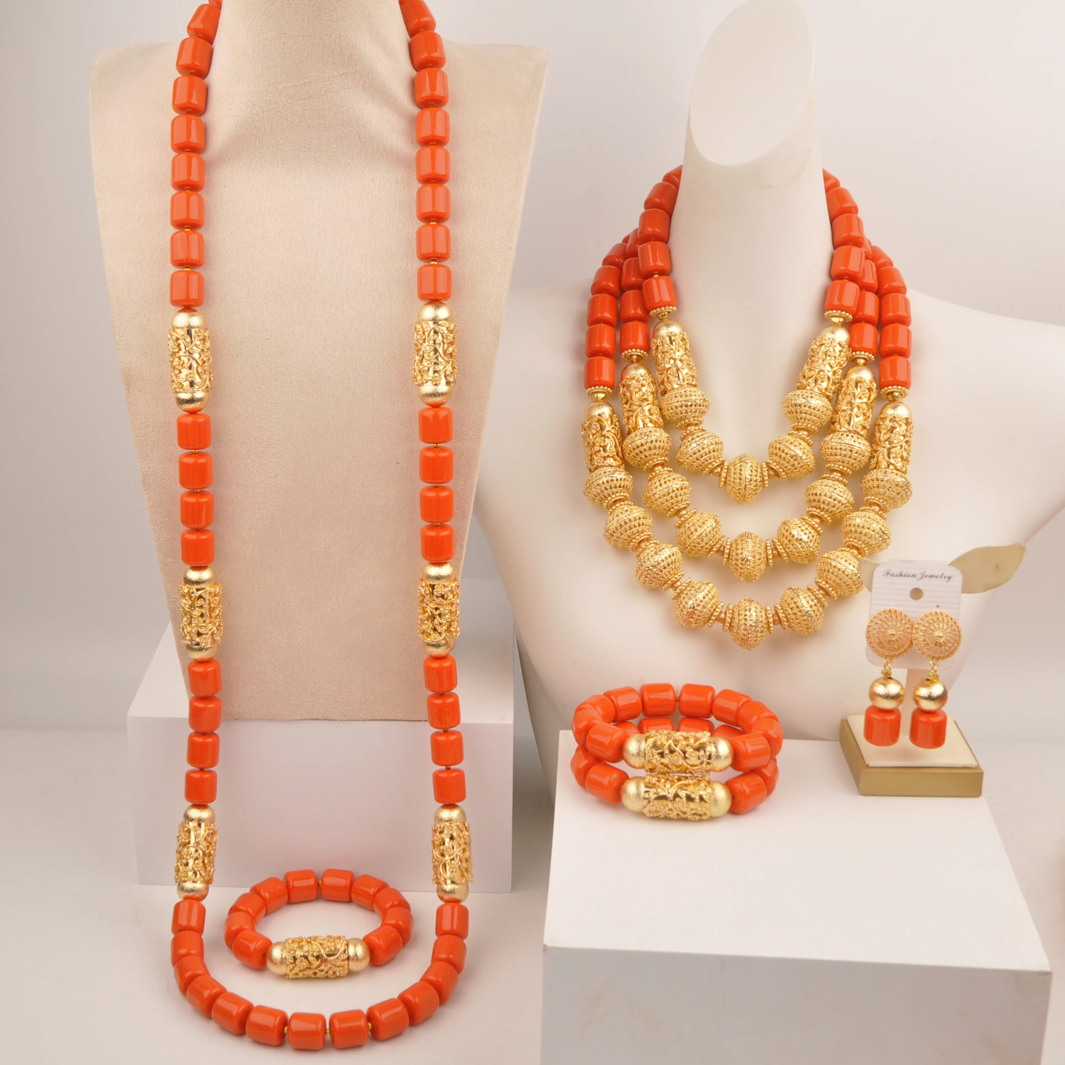 

Orange Artificial Coral Jewelry African Wedding Couple Sets