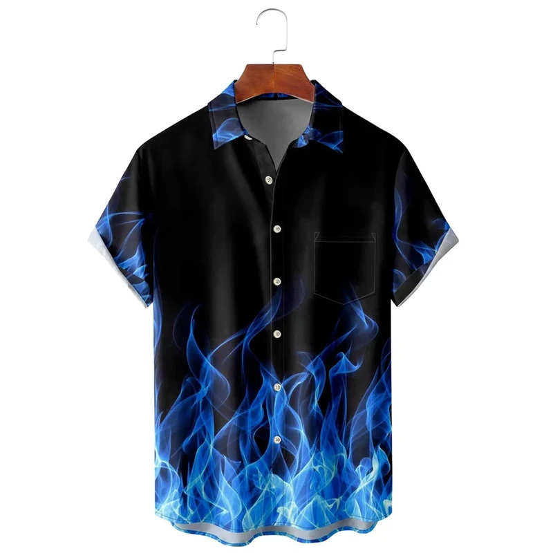 Men's Summer T-Shirts Flame Pattern Hawaiian Shirt Set For Men/Women Casual Button Beach Shirts Short Sleeve Oversized Shirt Set