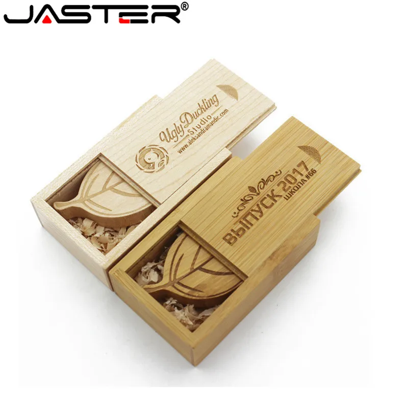 

JASTER 1PCS Free Custom Logo Wooden Leaf + Box USB Flash Drive Memory Stick Leaves Pendrive 4GB 8GB 16GB 32GB 64GB 128GB Gift