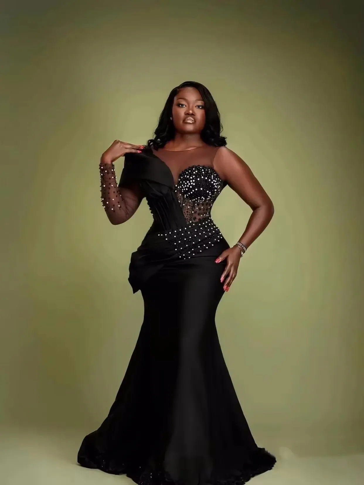 Customized plus Size African Mermaid Prom Dress with Transparent Pearl Robe De Soiree for Birthday Or Second Reception Evening E