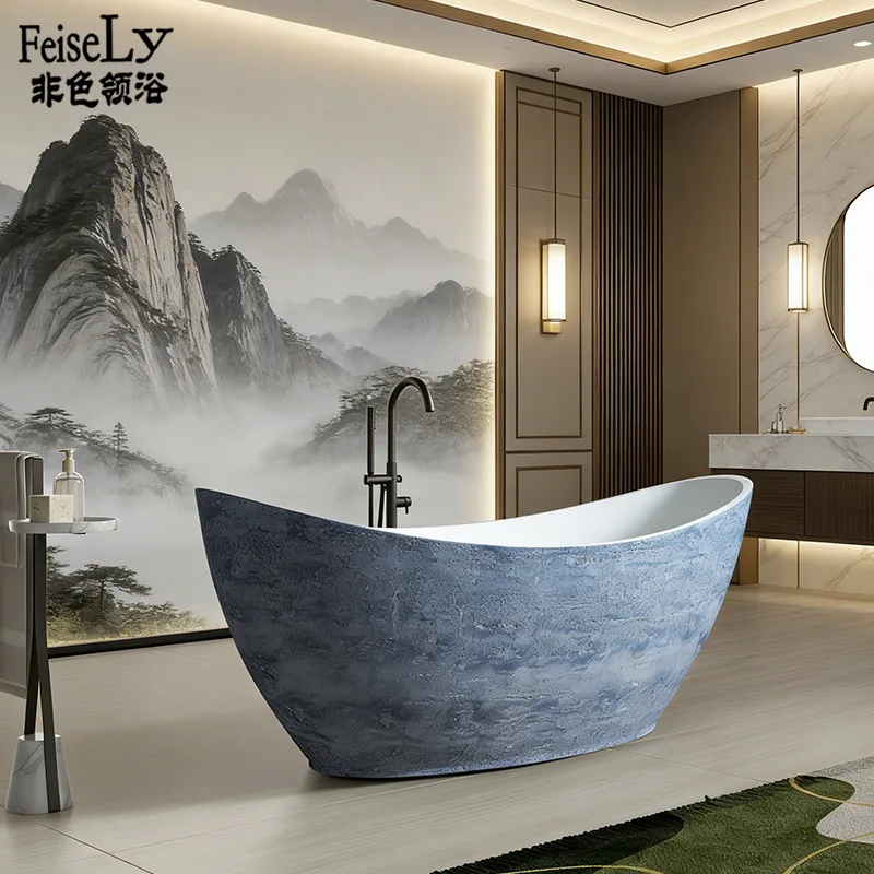 Light luxury hotel style moon-shaped blue travertine bathtub artistic sense natural texture independent thickened durable