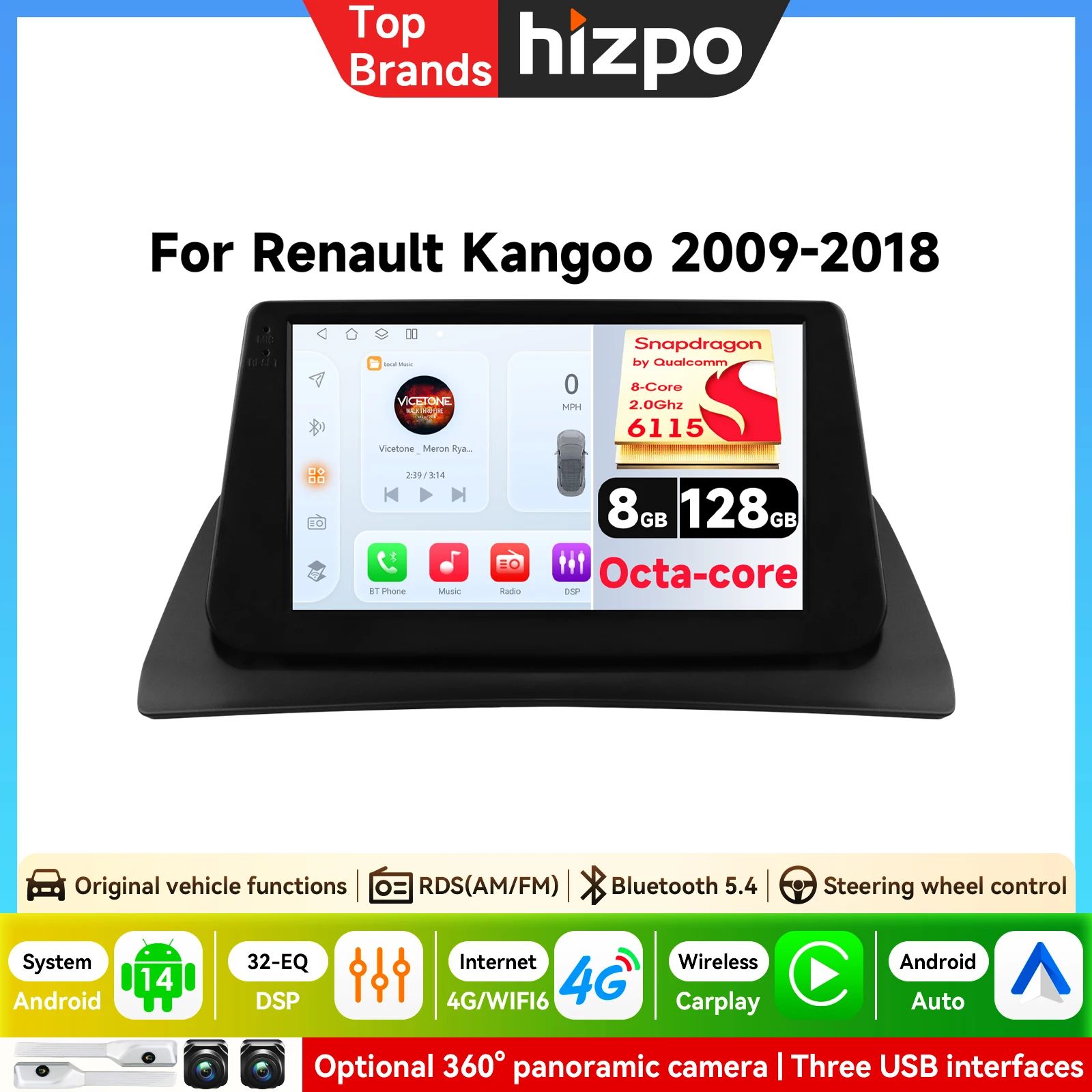 Hizpo 6115 Autoradio Android Auto für Renault Kangoo 2009-2018 Multimedia-Player Carplay GPS Smart Intelligent Systems Head Unit