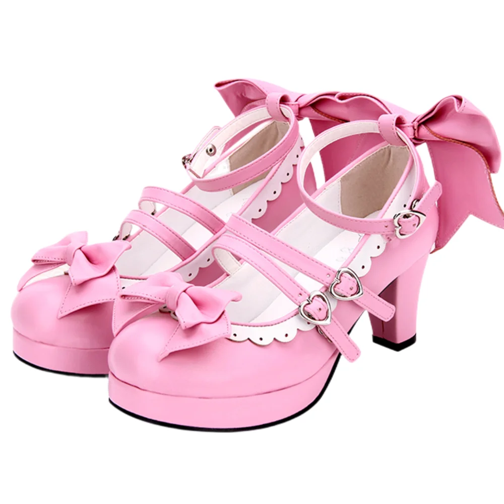 Nowe buty na grubym obcasie Lolita Cos Loli Bowknot spotkanie przy herbacie okrągłe głowy księżniczka buty Kawaii Jk jednolity Lo wysokie obcasy łuk dziewczyny buty