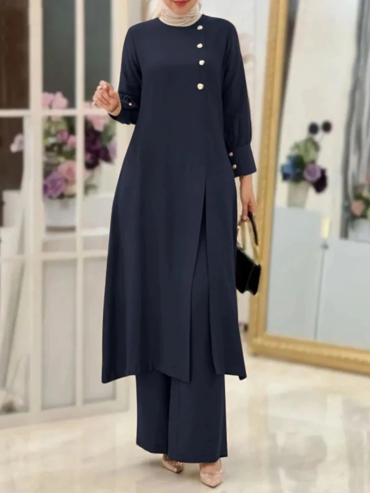 Women Eid Muslim Sets Musulman Ensemble Two Pieces Dubai Belt Blouses Wide Leg Pants Loose Casual Arab Ramadan Solid Kaftan 2024