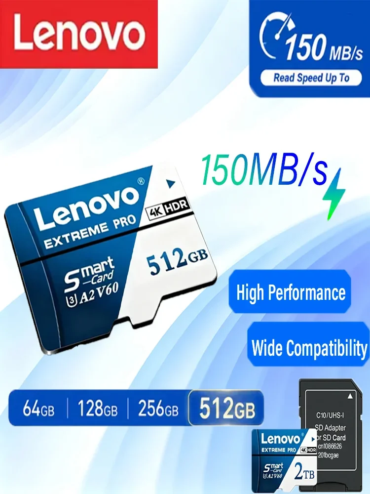 Lenovo TF SD Speicherkarte A2 für Handy, Computer und Drohne, 4K Full HD Hochgeschwindigkeits-U3 V60 Flash-Karte 64GB 128GB 256GB 512GB Neu