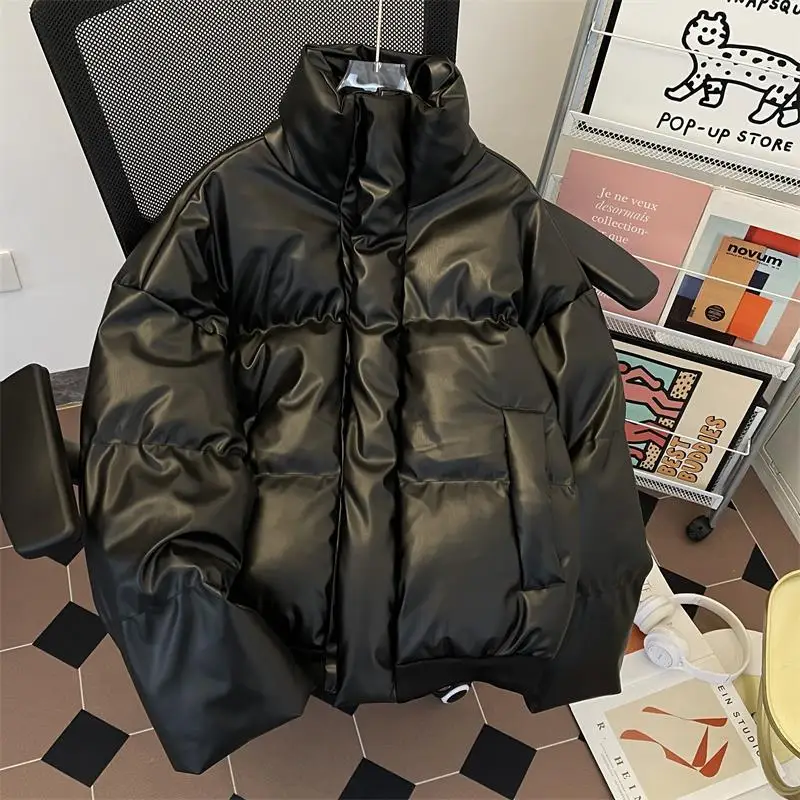 

Men's Winter Thickened PU Leather Cotton Jacket Loose Fit Stand Collar American Retro Style Warm Long Sleeve Coat Outerwear
