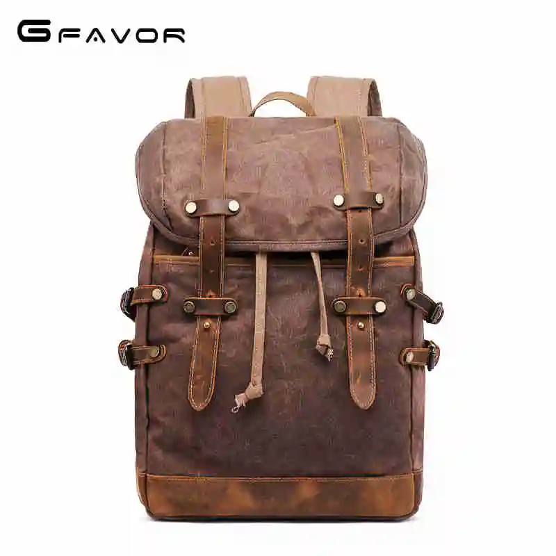 

New High Brand Quality Retro Men Wax Canvas School Travel Backpack 2024 Teenager Laptop with Crazy Horse Leather Belt