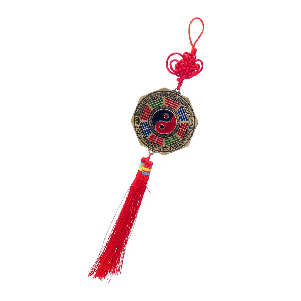 Zinc Alloy Feng Shui Hanging Chinese Knot Bagua Mirror Red Tassel Decor for Home Shop Car Protection