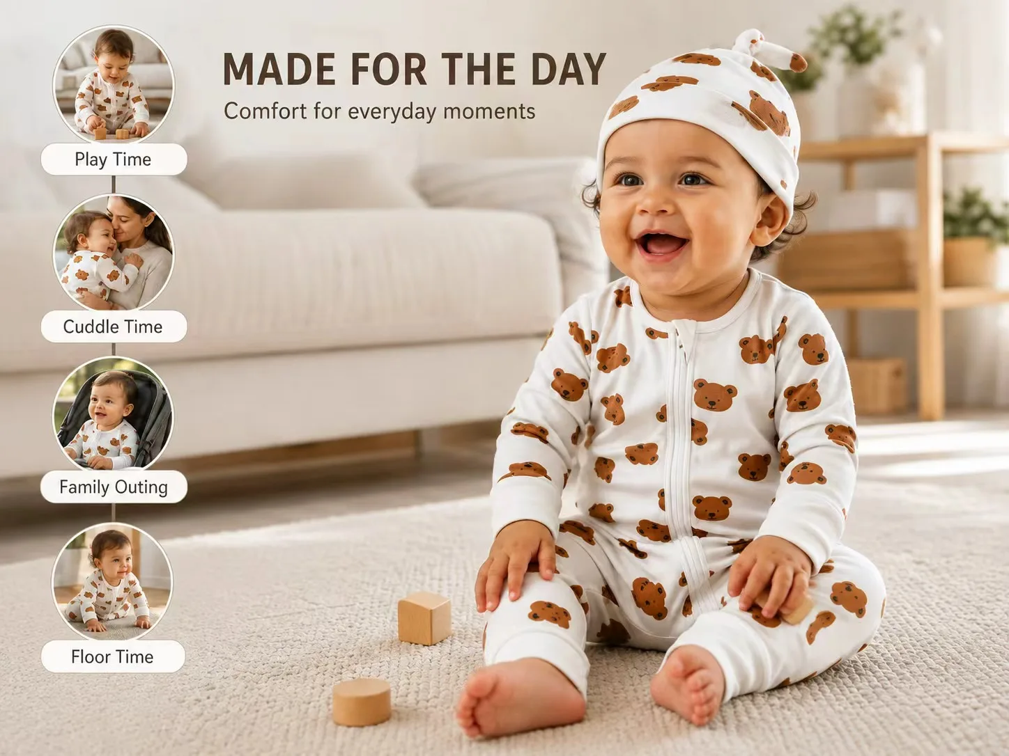 Somenie Pure‑Cotton Baby Zipper Jumpsuit, Long‑Sleeve Little‑Bear Printed Infant Sleepwear Romper with Matching Fetal Cap