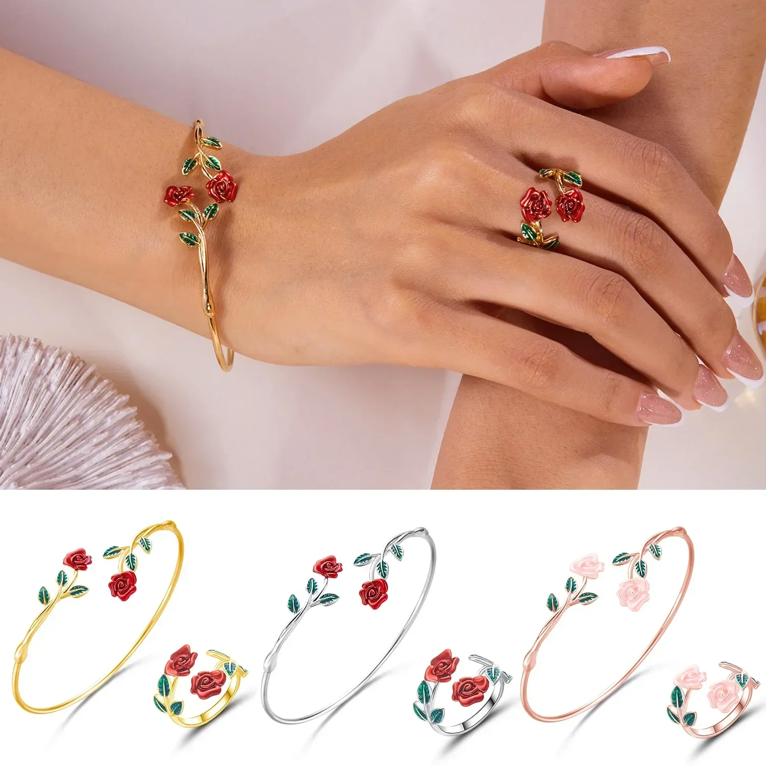 Vintage Charm Red Rose Flower Bracelet Ring Set For Women Vintage Open Adjustable Cuff Bangle Finger Ring Party Wedding Jewelry
