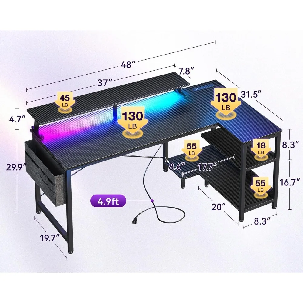 L-Shaped Gaming Desk 48 Inch with USB Charging, LED Lights, Storage Shelves and Monitor Stand for Optimal Computer Setup