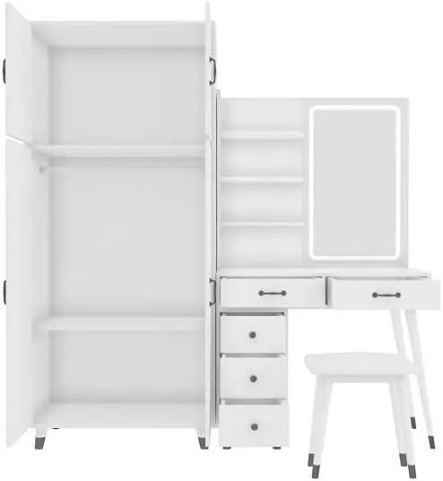 

5-Drawers Makeup Vanity Desk with Power Strip and Storage Shelves, Dressing Table with Lighted Mirror for Women Girls
