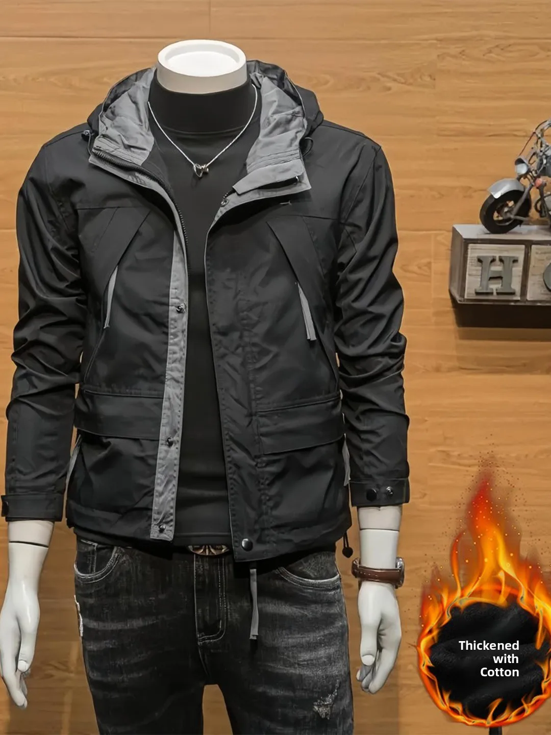 

American Sle Cotton Work Jaet Men's Autumn Winter Faion Warm Hooded Coat Casual Wear Polyester Fiber Long Sve Zipper