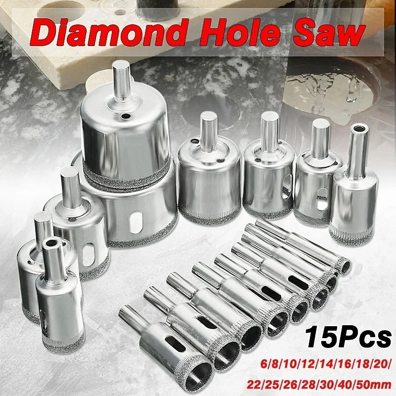 15pcs/set 6mm-50mm Diamond Coated Hole Saw Drill Bit Cutter Core Shaft Tool Kit for Ceramic Porcelain Glass Marble