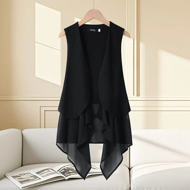 Chiffon Vest Women's Medium Long Thin 2025 Summer Item Slimming Korean Version Sleeveless Fashion Vest Cardigan Shoulder Jacket