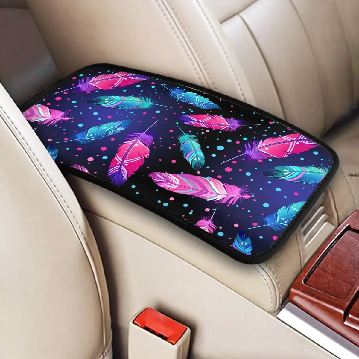 Bird Feather Fashion Tribal Bohemian Center Console Cover Pad for Cars Car Accessories Breathable Armrest Cover Mat Leather