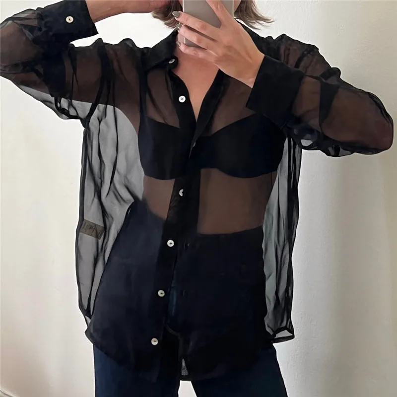 Womens Transparent Shirts Y2k Long Sleeve Lapel Button Down T-shirt Beach Cover Up Sexy Tops and Blouses Female Smock