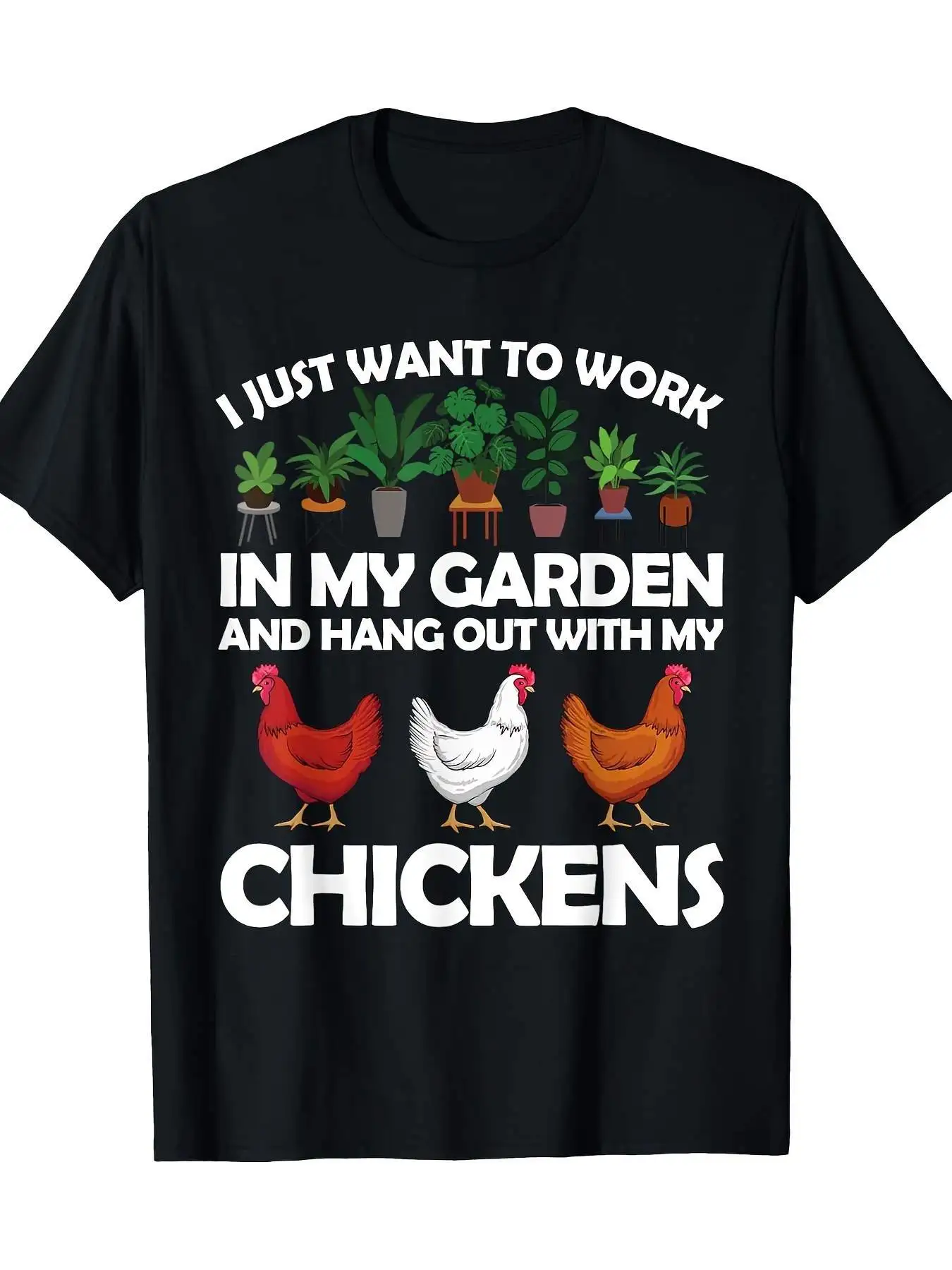 Humorous Chicken Enthusiast T-Shirt for Both Genders - Black Shirt Featuring 'Hang Out with My Chickens' Phrase And Vibrant Garden Artwork, Pre-Shrunk Comfortable Material, Suitable for All Seasons