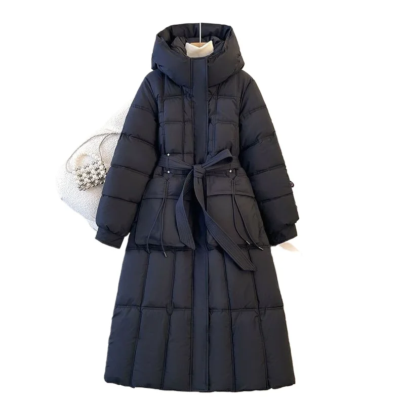 

Осень-зима 2022, новая хлопковая куртка длиной до колена для женщин, модная утягивающая теплая парка с капюшоном, женское повседневное длинное пальто