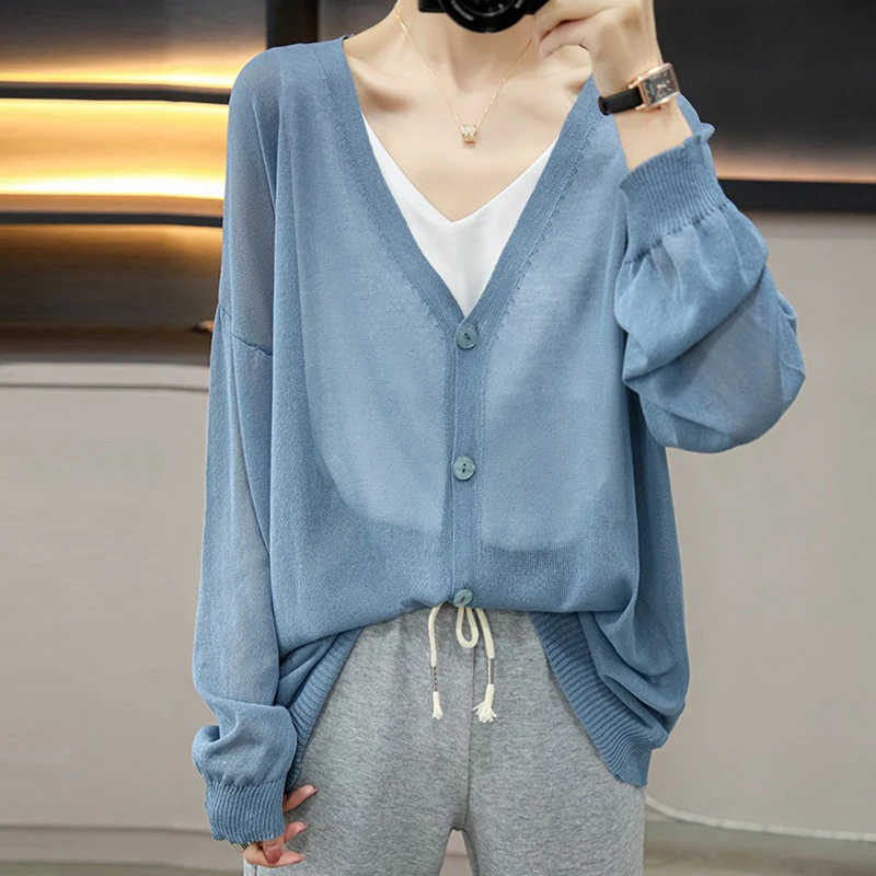 

Summer Thin Breathable Women's Sun Protection Knitted Long Sve Casual Loose Meat Covering Outerwear V-Ne Button Detail