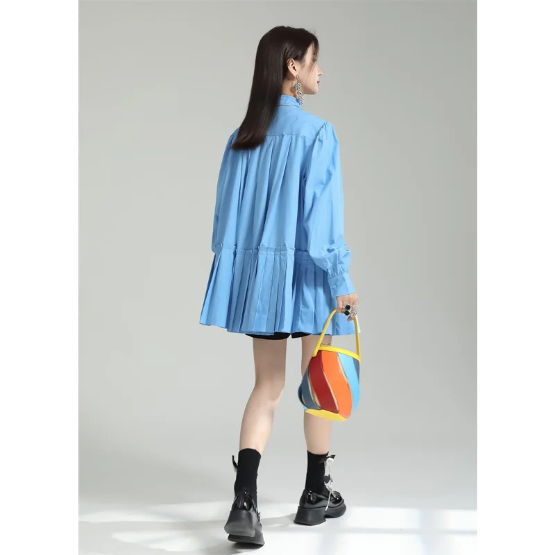 Pleated White Shirts Dresses Women Doll Autumn Thin Stand-up Collar Blouses Cotton Lantern Sleeves Loose Waist A-line Mini Dress