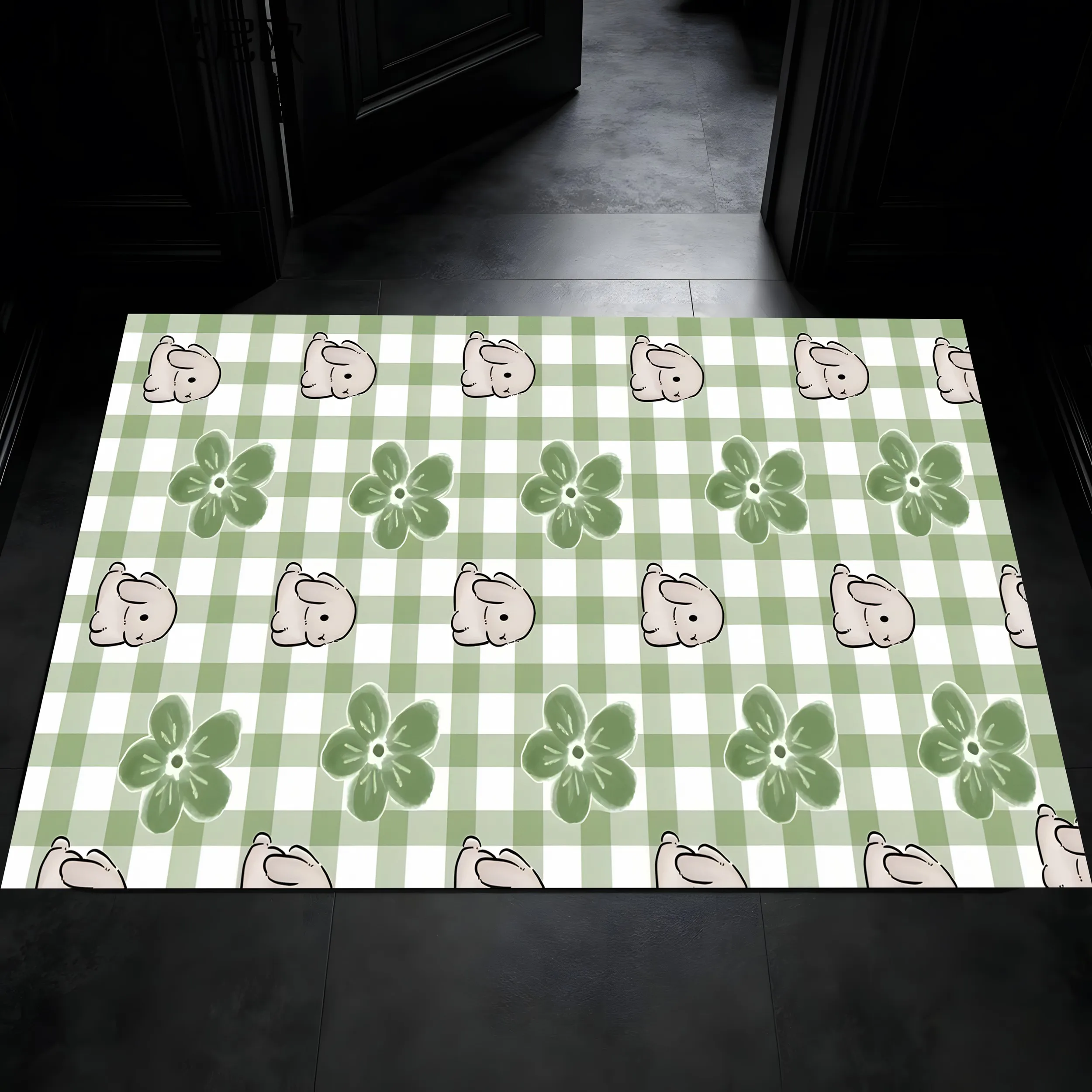 2D Green Checkered Carpet Cute Bunny Flower Print Fresh Soothing Soft Bright Style Pleasing Eye Perfect Warm Atmosphere Spring E
