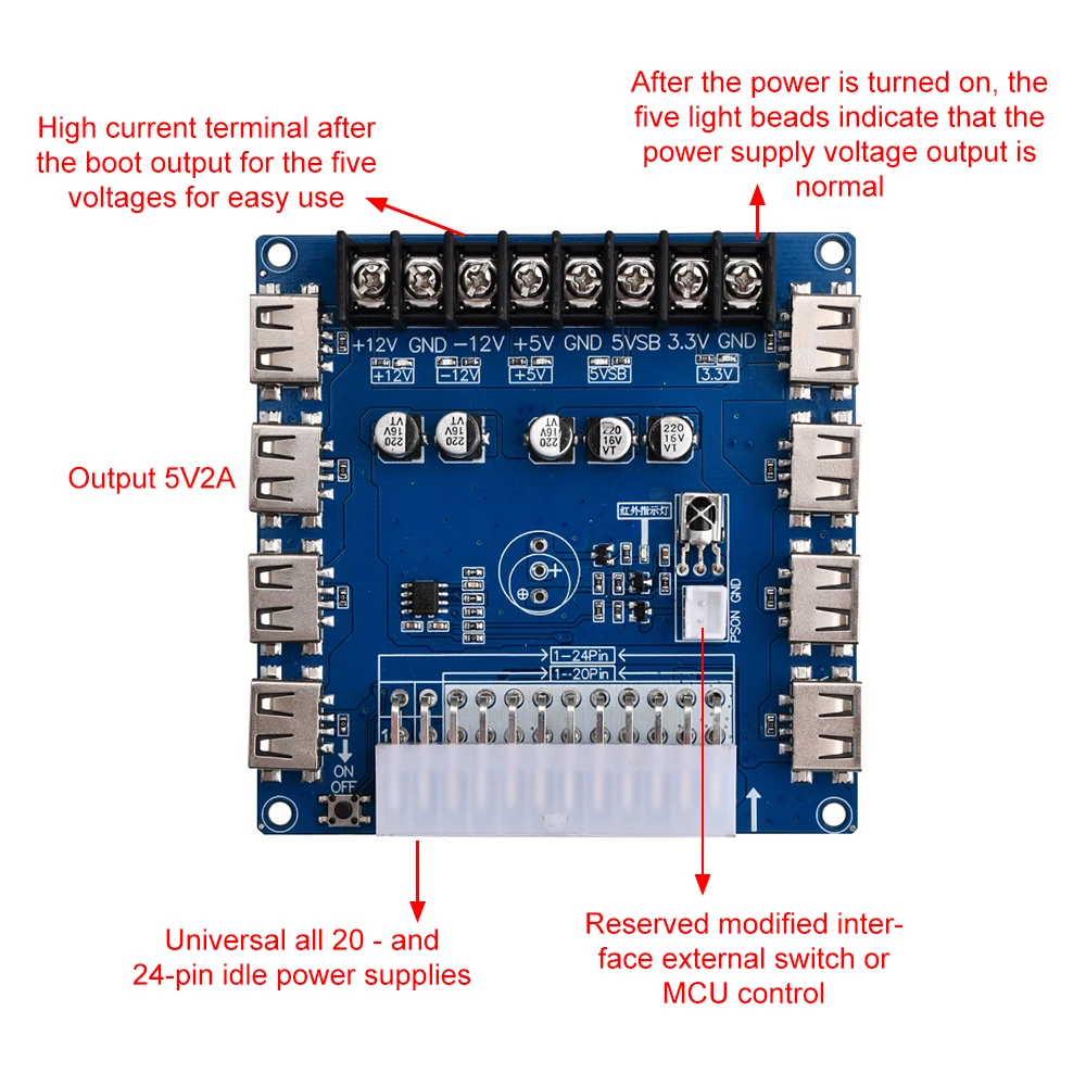 20/24 pinów ATX Power Supply Breakout Board 5V/2A USB Charging Pulpit Podwozie Zasilacz Płytka z powłoką