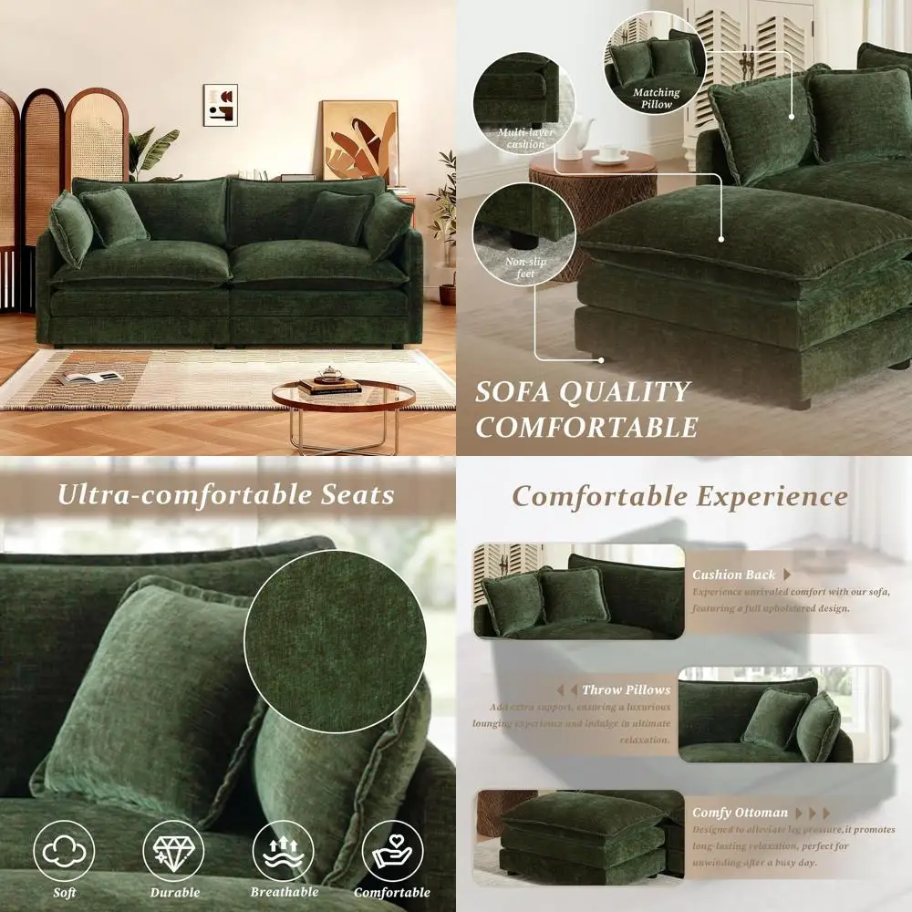 Luxurious Green Deep Seat 2-Seat Couch and Loveseat Sofa Set for Living Room