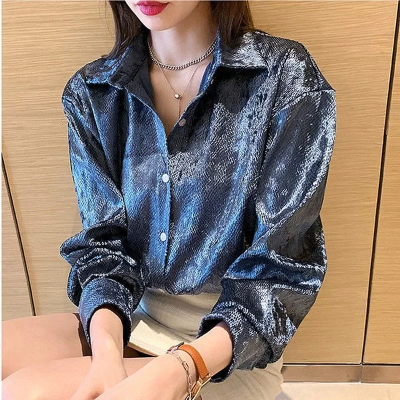 Women's Shiny Button Shirt Spring and Autumn Long Sleeve Top Designer Women's Clothing Korean Fashion Loose High Quality Retro