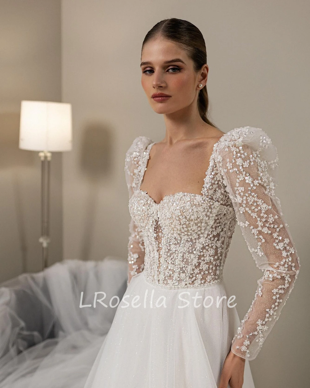 LRosella Wedding Dress Lace A-Line Backless Long Sleeve Pleated Floor-Length Elegant Exquisite Morden style Luxury  فساتي2024