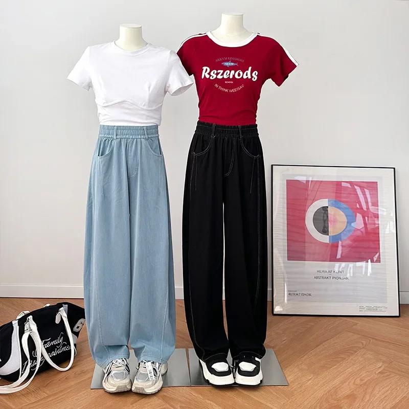 

Jeans Women Straight Wide Leg Pants High Waist Washed Distressed Pockets Streetwear Ankle Length Trousers 2025 Vintage Denims