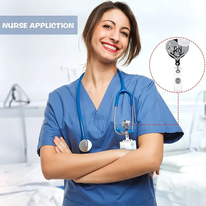 Nurse Retractable Badge Reel Bling Rhinestone ID Card Holder with Alligator Clip for School Nurse Doctor Graduation Present