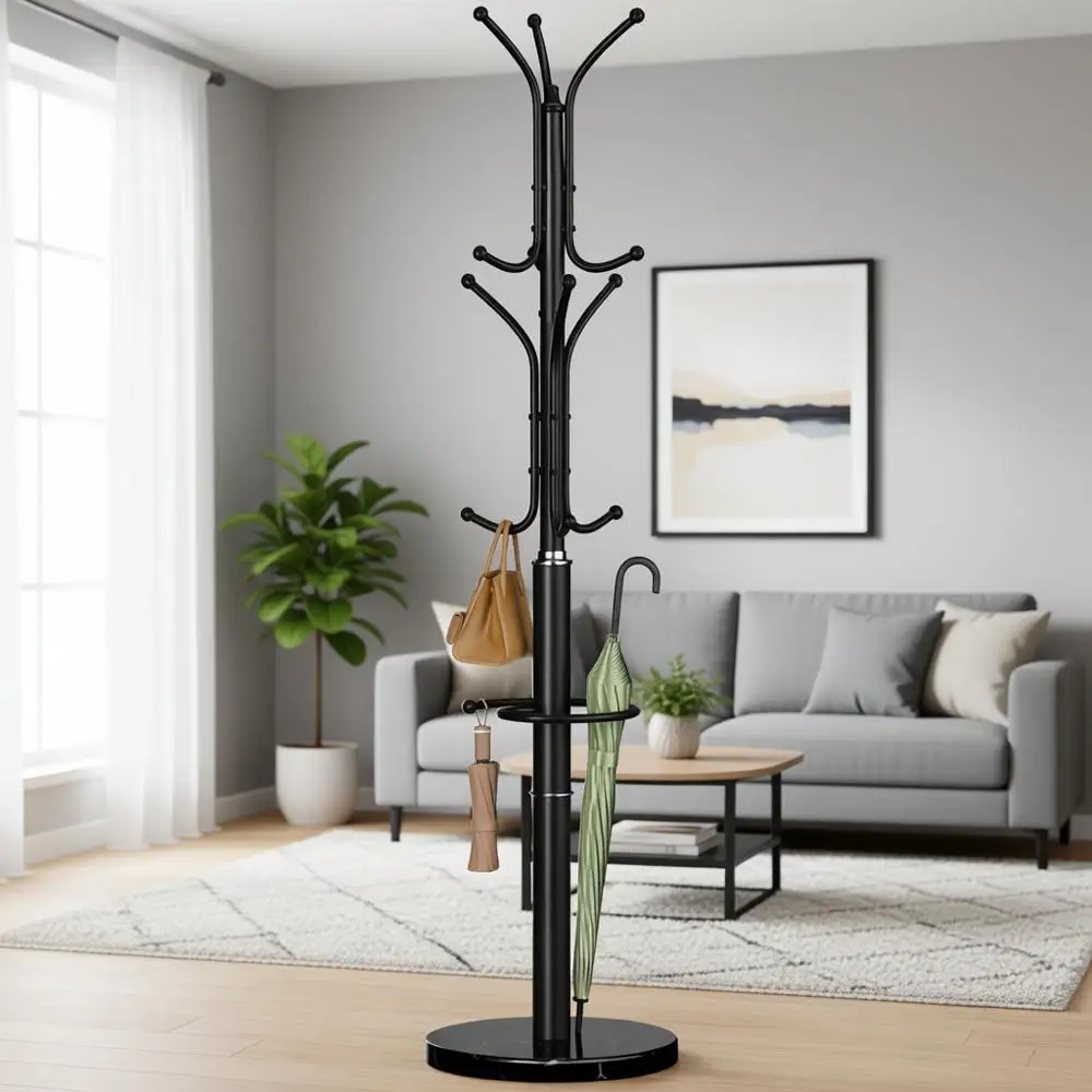 

Sturdy Metal Coat Rack with Marble Base, 12-Hook Tree and Umbrella Stand for Entryway, Bedroom, or Office