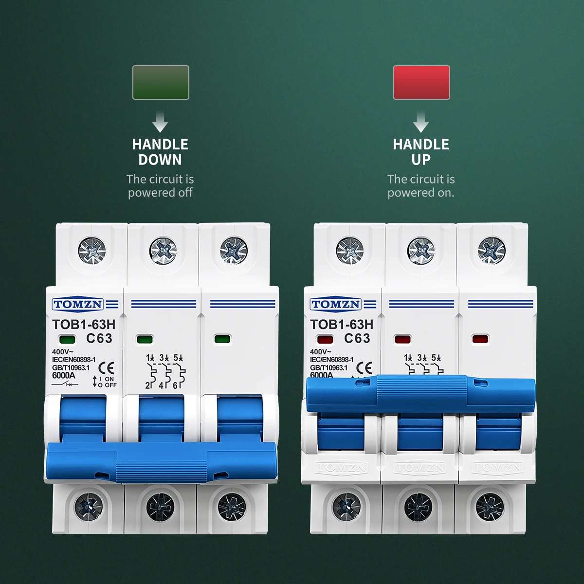 TOMZN 3P AC MCB TOB1-63H C type 230/400V~ 50/60Hz Mini Circuit Breaker 3A 6A 10A 16A 20A 25A 32A 40A 50A 63A