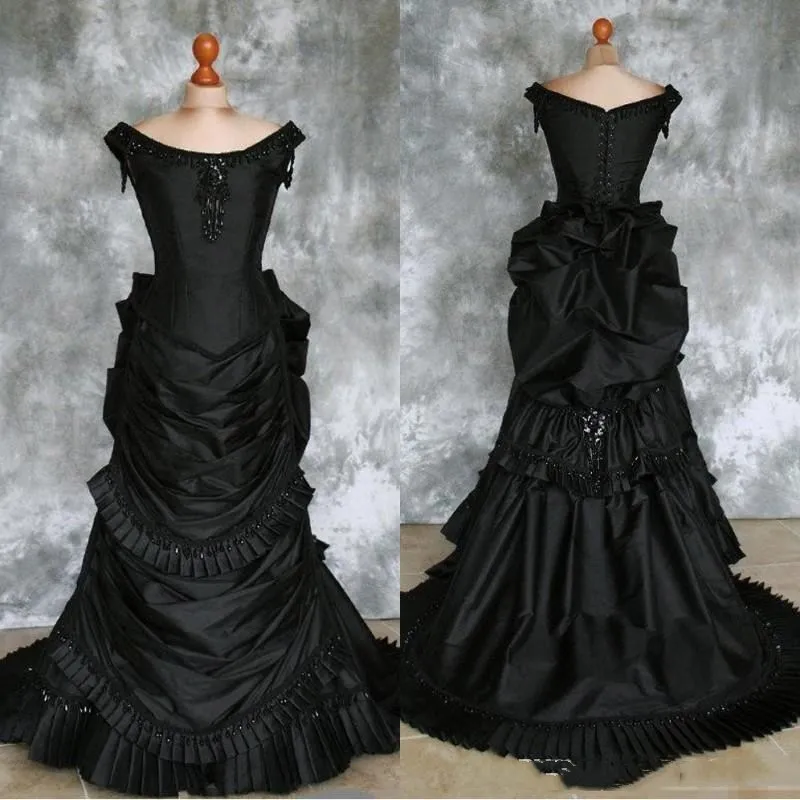 Victorian Bustle Black Wedding Dress Vintage Gothic Bridal Gown Vampire Historical Beading Customized Formal Dress For Women