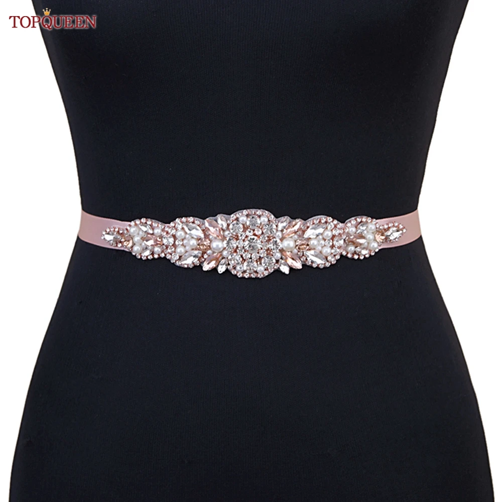 Topqueen-Rose Gold Gemstone Nupcial Sash, Cinto De Casamento, Prom Dress Belt, Diamond Applique, dama de honra S426