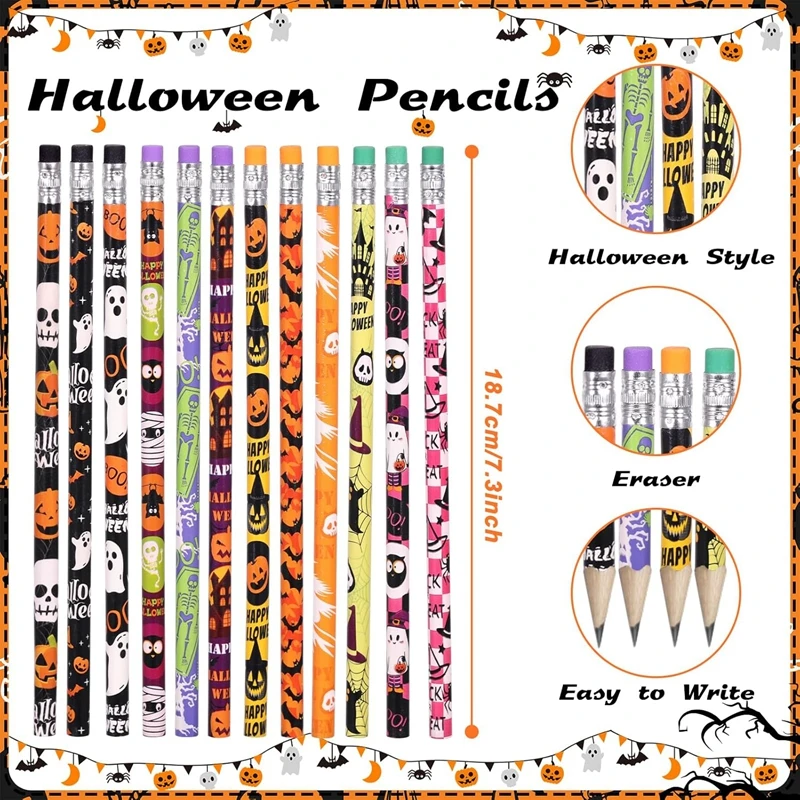 12/24 Stück Totenkopf-Geist HB Schreibstifte, Schreibwaren-Geschenk für Halloween-Partys, Geschenktütenfüller, Süßes oder Saures Zubehör – Detail 2