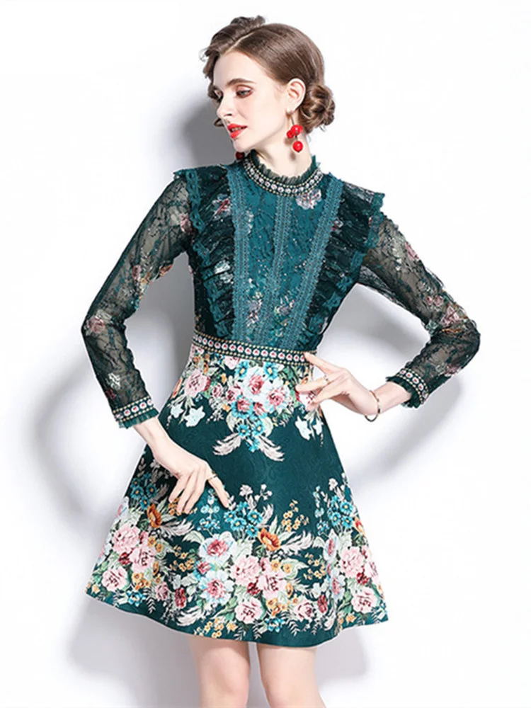 

Fashion Runway Summer Autumn Flower Jacquard Dress Women's Beading Long Sleeve Lace Ruffles Floral Print Vintage Party Vestidos