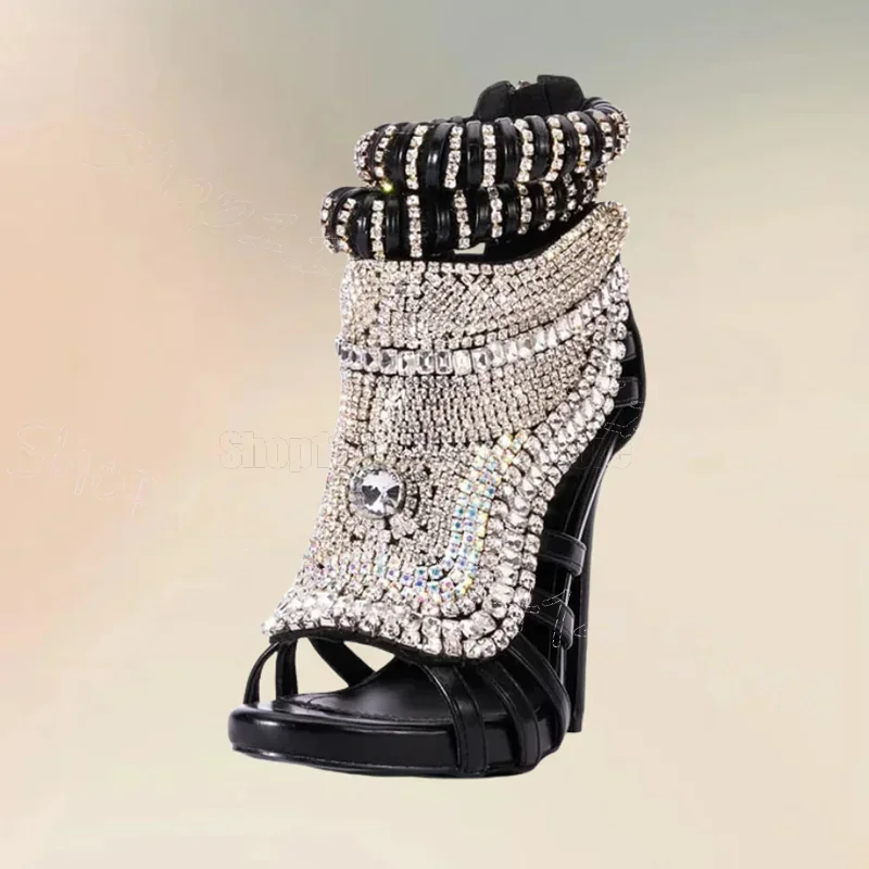 

Crystal Stripe Design Black Open Toe Sandals Back Zipper Women Shoes Thin High Heels Party Feast Dating 2026 Zapatos Para Mujere