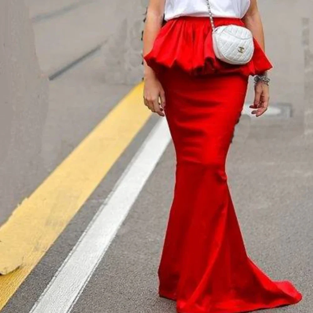 Red Satin Trumpet Skirts Girls Birthday Party Women Prom Party Formal Wear Ruffles A Line Skirt  Wedding Guest  Long Skirts