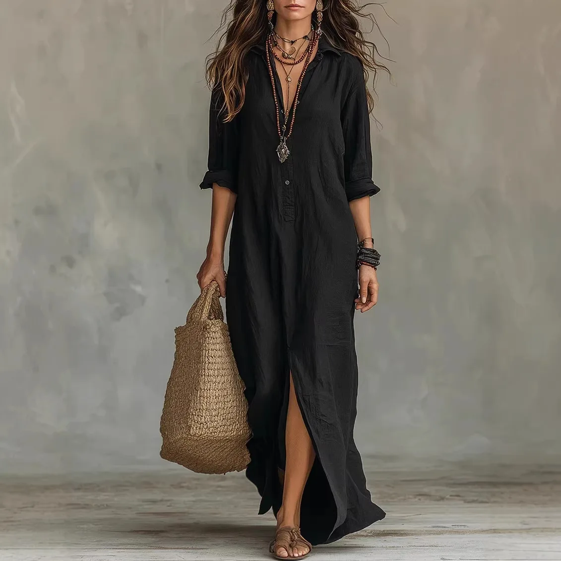 

2026 Spring New V Neck Cardigan Dress Women Casual Fashion Elegant Loose Long Vacation Style Dress Outfit
